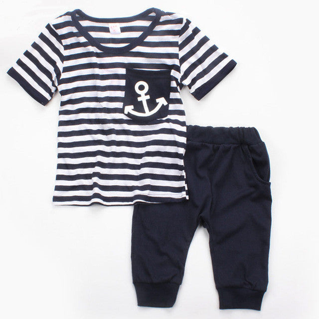 Navy Striped Boys Clothes Sets Short Sleeve T-shirt + Sports Pants Outfit Sailor Kids Boys Clothing Suit Boys Boys Tracksuit