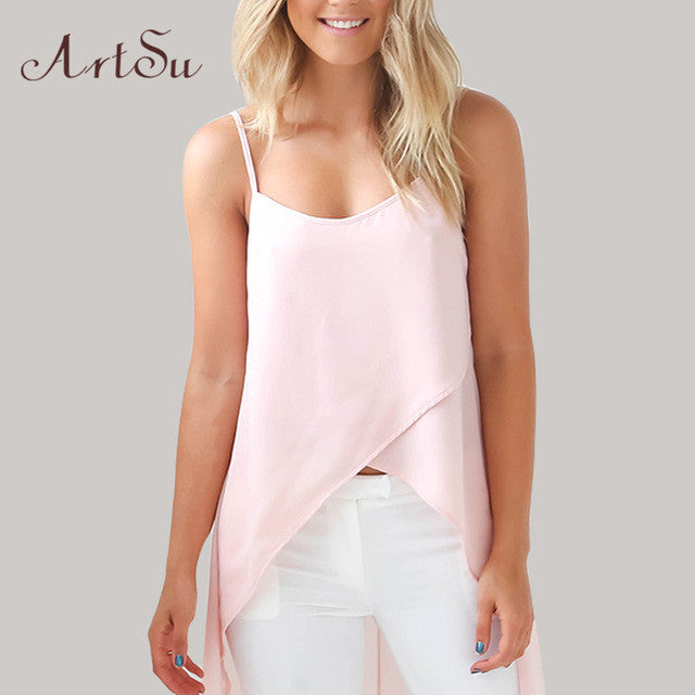 ArtSu Summer Dress 2017 Robe Sexy Casual Pink White Sling Strap Chiffon Beach Dress Robe Femme Vestido De Festa DR50110