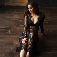 ArtSu Women Floor-Length Black White Summer Lace Dress Adjust Waist Sexy See Through Hollow Out Vestido Maxi Plus Size DR5046