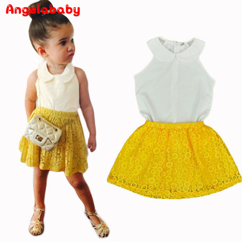 2017 Girls Sets Kid Baby Sleeveless Round Collar Top+Yellow Lace Skirts 2Pcs Suit Girls Outfits Princess Girls Clothing Sets