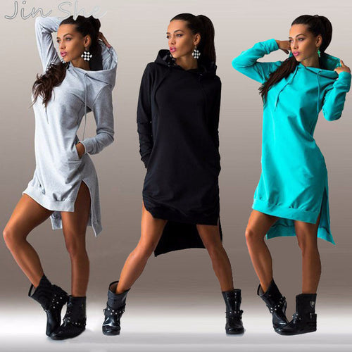 JIN SHE 2016 New Arrival Winter Dress Cotton O-neck Long Sleeve Fashion Casual Style Irregular Solid Hooded Women's Dress