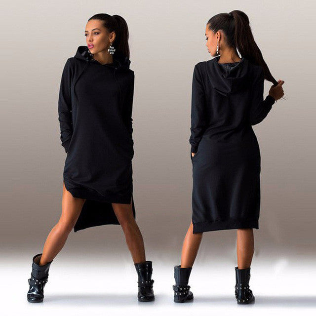JIN SHE 2016 New Arrival Winter Dress Cotton O-neck Long Sleeve Fashion Casual Style Irregular Solid Hooded Women's Dress
