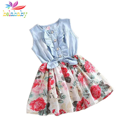 Belababy Baby Girl Dress 2017 Summer Children Sleeveless Girl Denim Floral Dresses Kids Princess Bowknot Dresses For Girls