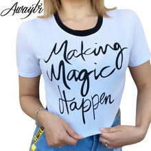 Awaytr Women's Summer Letter Printed Crop Top 2017 Short Sleeve Cotton T Shirts Brand New Casual Tees Cute Cropped Top