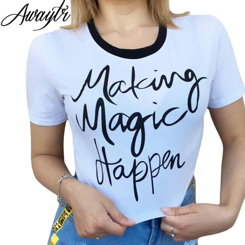 Awaytr Women's Summer Letter Printed Crop Top 2017 Short Sleeve Cotton T Shirts Brand New Casual Tees Cute Cropped Top