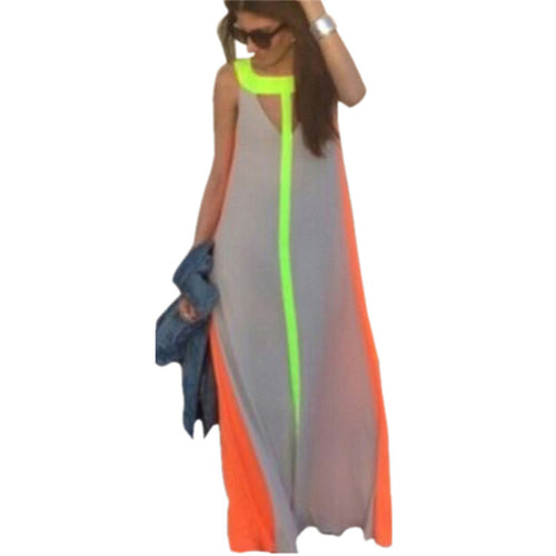 New 2017 Boho Women Summer Maxi Dress Fashion Sleeveless Contrast Color Beach Party Long Dresses Casual Loose Vestidos Plus Size