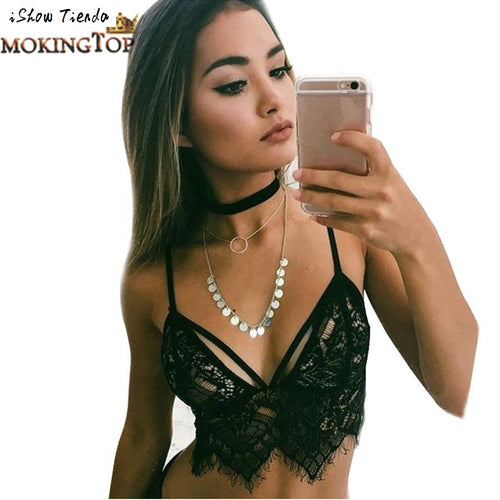 Women Crop Tops Hollow Out Camis Translucent Underwear Sheer Lace Frenum Strap Lingerie Bra Tops #2154