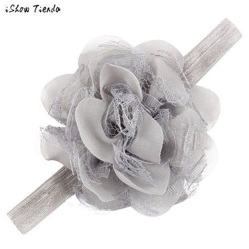 Kids Hair Accessories Girls Hair Elastic Lace Chiffon Artificial Flowers Peony Fita De Cetim Flores #2174