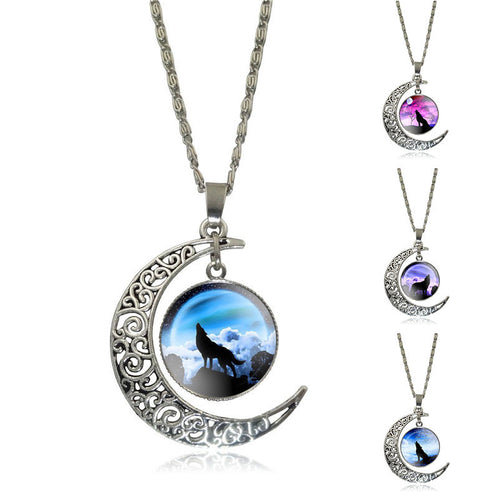 XUSHUI XJ Howling Wolf and Moon Pendant Necklace Women Jewelry Art Glass Cabochon Silver Half Moon Chain Necklace Creative Gifts
