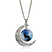 XUSHUI XJ Howling Wolf and Moon Pendant Necklace Women Jewelry Art Glass Cabochon Silver Half Moon Chain Necklace Creative Gifts