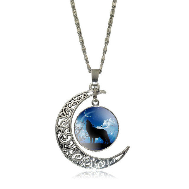 XUSHUI XJ Howling Wolf and Moon Pendant Necklace Women Jewelry Art Glass Cabochon Silver Half Moon Chain Necklace Creative Gifts