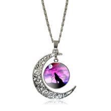 XUSHUI XJ Howling Wolf and Moon Pendant Necklace Women Jewelry Art Glass Cabochon Silver Half Moon Chain Necklace Creative Gifts
