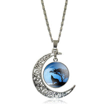 XUSHUI XJ Howling Wolf and Moon Pendant Necklace Women Jewelry Art Glass Cabochon Silver Half Moon Chain Necklace Creative Gifts