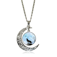 XUSHUI XJ Howling Wolf and Moon Pendant Necklace Women Jewelry Art Glass Cabochon Silver Half Moon Chain Necklace Creative Gifts