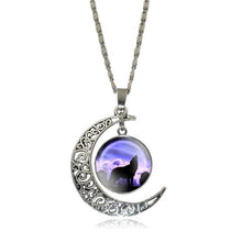 XUSHUI XJ Howling Wolf and Moon Pendant Necklace Women Jewelry Art Glass Cabochon Silver Half Moon Chain Necklace Creative Gifts