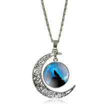 XUSHUI XJ Howling Wolf and Moon Pendant Necklace Women Jewelry Art Glass Cabochon Silver Half Moon Chain Necklace Creative Gifts