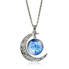 XUSHUI XJ Howling Wolf and Moon Pendant Necklace Women Jewelry Art Glass Cabochon Silver Half Moon Chain Necklace Creative Gifts