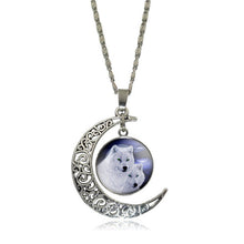 XUSHUI XJ Howling Wolf and Moon Pendant Necklace Women Jewelry Art Glass Cabochon Silver Half Moon Chain Necklace Creative Gifts