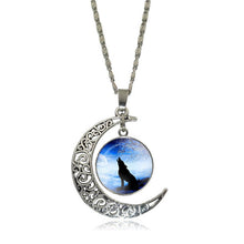 XUSHUI XJ Howling Wolf and Moon Pendant Necklace Women Jewelry Art Glass Cabochon Silver Half Moon Chain Necklace Creative Gifts