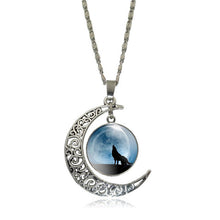 XUSHUI XJ Howling Wolf and Moon Pendant Necklace Women Jewelry Art Glass Cabochon Silver Half Moon Chain Necklace Creative Gifts