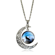 XUSHUI XJ Howling Wolf and Moon Pendant Necklace Women Jewelry Art Glass Cabochon Silver Half Moon Chain Necklace Creative Gifts