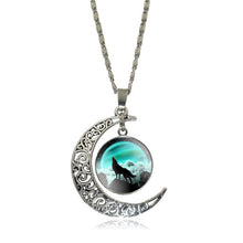 XUSHUI XJ Howling Wolf and Moon Pendant Necklace Women Jewelry Art Glass Cabochon Silver Half Moon Chain Necklace Creative Gifts