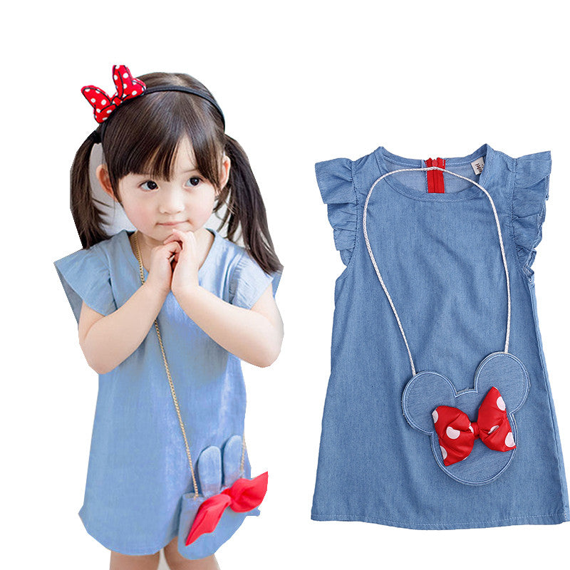 Stylsih Cute Baby Toddlers Kids Girl Solid Dress Minnie Mouse Sleeveless Little Mini Bag Ruffles Demin Casual Dresses 1-5T