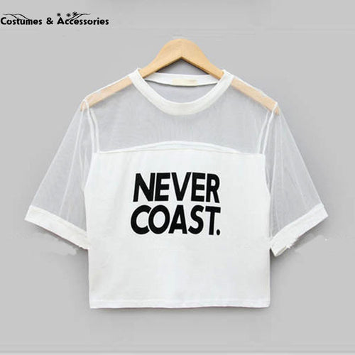 2016 New Sexy Women Girls Loose Crop Top T-Shirt Crew Neck See-through Gauze Tops