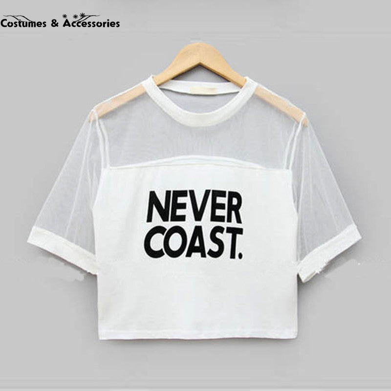 2016 New Sexy Women Girls Loose Crop Top T-Shirt Crew Neck See-through Gauze Tops