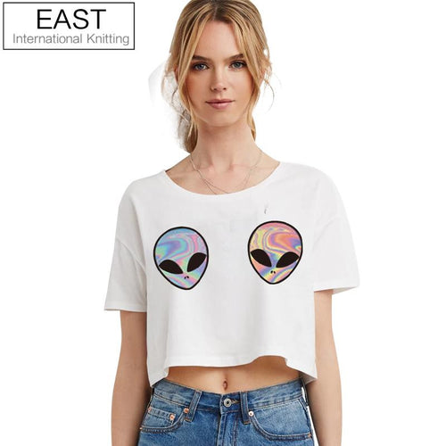 EAST KNITTING H749 2016 New Fashion Women T Shirt 3D Aliens Printed White Crop Top Short Sleeve T Shirt  Teenagers T-shirts