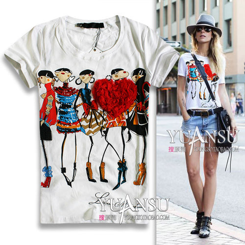 t shirt women 2016 Newest blusas femininas 2016 3D Applique Illustrator Print Short-sleeve Elastic Women T-shirt tops for women-Women