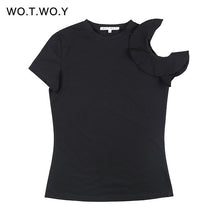 WOTWOY Spring Off Shoulder Ruffles Cotton T Shirt Women Elastic Short Sleeve Solid Color Black T-shirt Female Tops Soft Slim 301
women