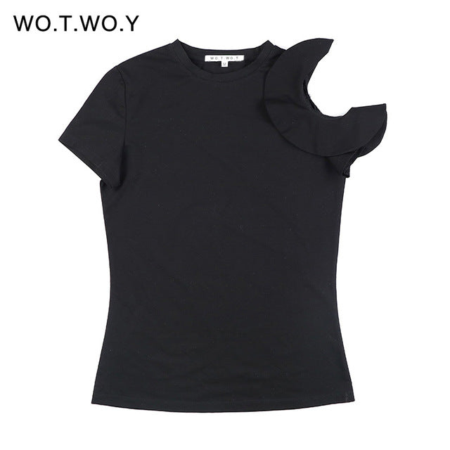 WOTWOY Spring Off Shoulder Ruffles Cotton T Shirt Women Elastic Short Sleeve Solid Color Black T-shirt Female Tops Soft Slim 301
women
