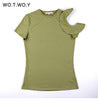 WOTWOY Spring Off Shoulder Ruffles Cotton T Shirt Women Elastic Short Sleeve Solid Color Black T-shirt Female Tops Soft Slim 301
women