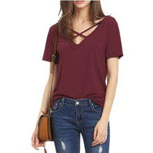 Women T Shirt 2017 Summer Fashion Bandage Sexy V Neck Criss Cross Top Casual Lady Female T-shirt lager size Lady Tees T Shirt
women