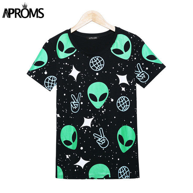 Aproms Fashion Harajuku Punk Alien ET Print Black T Shirt Women Tops Casual Short Sleeve T-Shirt Autumn Ladies Shirt 21145
women