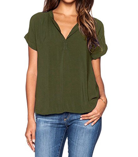 LILBETTER Women Chiffon Blouse V Neck Short Sleeve Top Shirts
women