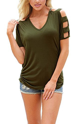 DREAGAL Women Sexy V Neck T Shirts Loose Cut Out Shoulder Tops
women