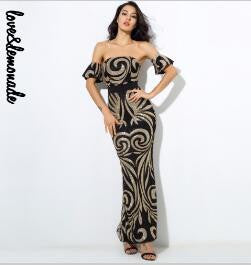 Love&Lemonade  Sexy Geometric Pattern Beads Bra Maxi Dresses Black/Gold  LM0213-Women