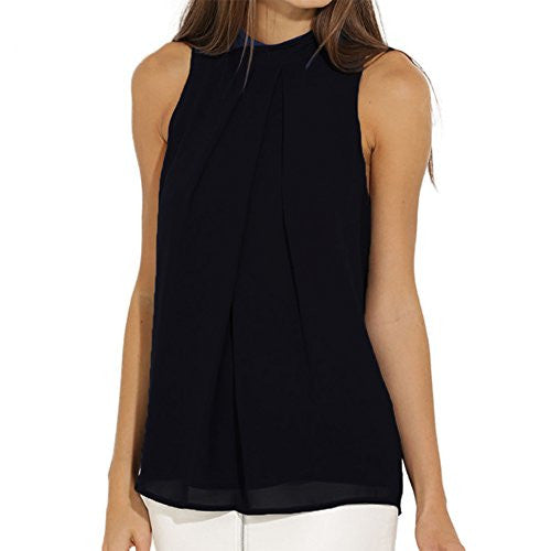 EFINNY Women Summer Chiffon Sleeveless Blouse Tank Shirt Dark Blue
women