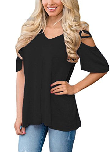 HOTAPEI Women's V Neck T Shirts Casual Loose Hollow Out Shoulder Tops and Blouses
women