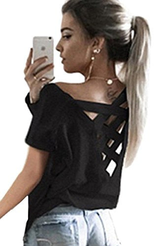 ECOWISH Women's Summer Cut Out Loose Shirts Criss Cross Back Top Tee Blouse
women