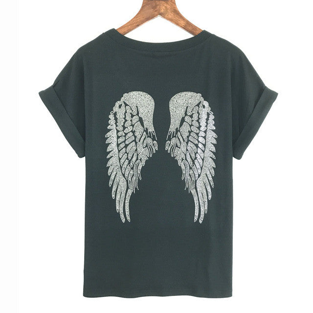 2017 Punk Rock T shirt Women Wing Sequins Sequined T-shirt Women Top Tee Shirt Femme Tops Tees Woman Free Shipping Bat Sleeve
women