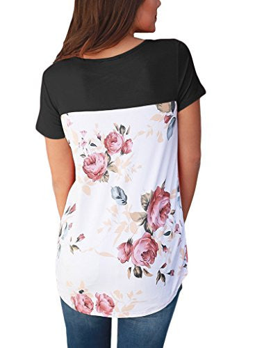 HOTAPEI Women Casual Floral Print Back Short Sleeve Criss Cross V Neck Blouse Tops
women