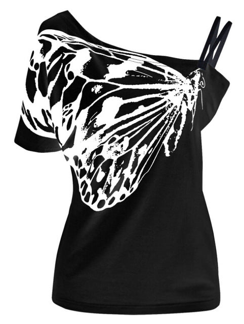 2017 Newest Summer Cotton Top Shirts Women T Shirts Skew Collar Butterfly Print Tshirt Ladies Plus Size T-shirt Tees Tops
women