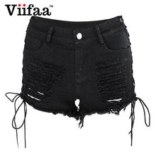 Viifaa Summer Hole Denim Jeans Shorts 2017 Women Sexy Lace Up Hollow Out Ripped Shorts High Waist Black Short
women