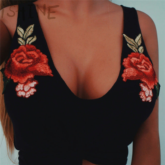 Fashion Sexy Black Tank Top Women cotton Floral Embroidery vest Deep V Neck Sleeveless Tops summer Beachwear Casual Top
women