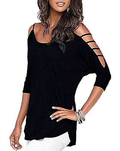 OUGES Women's Three-quarter Sleeves Hollowed Out Shoulder Casual Shirt Tops
women