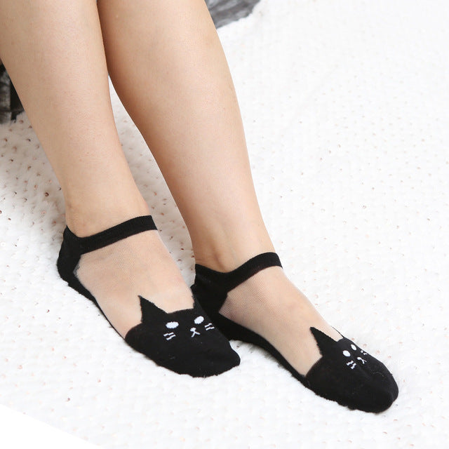 Cute print cat harajuku transparent socks women girl summer funny animal low cut ankle sock
Women