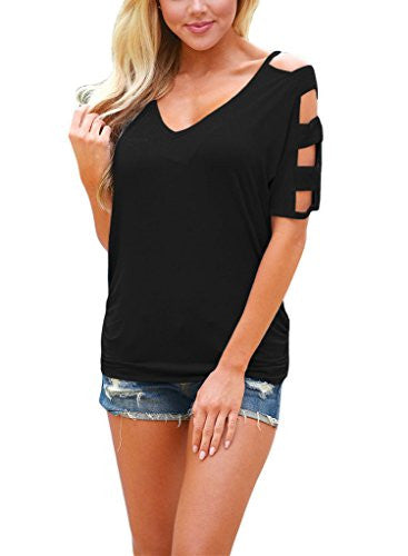 HOTAPEI Women's V Neck T Shirts Casual Loose Cut Out Shoulder Tops and Blouses
women